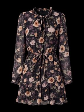 PAIGE 100% Silk Floral Mini Dress Large Obsidian Multi Ruffle Tie Neck Long Slee